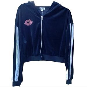 liv & lottie Velour Cropped Zip Up Hoodie with Side Taping Sz L Black Pink Lips